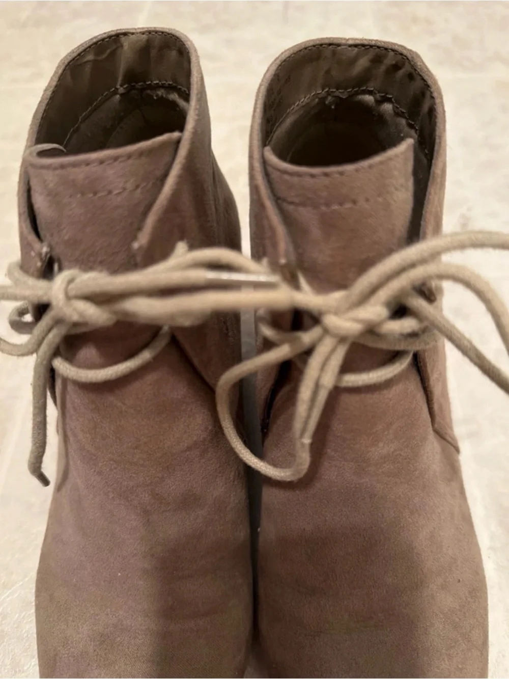 new directions Taupe Suede Lace-Up Ankle Wedge Booties